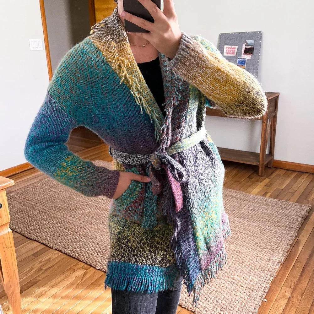 Greylin Rainbow Colorful Knit Fringe Bohemian Preppy Cardigan Tie Waist Cardigan